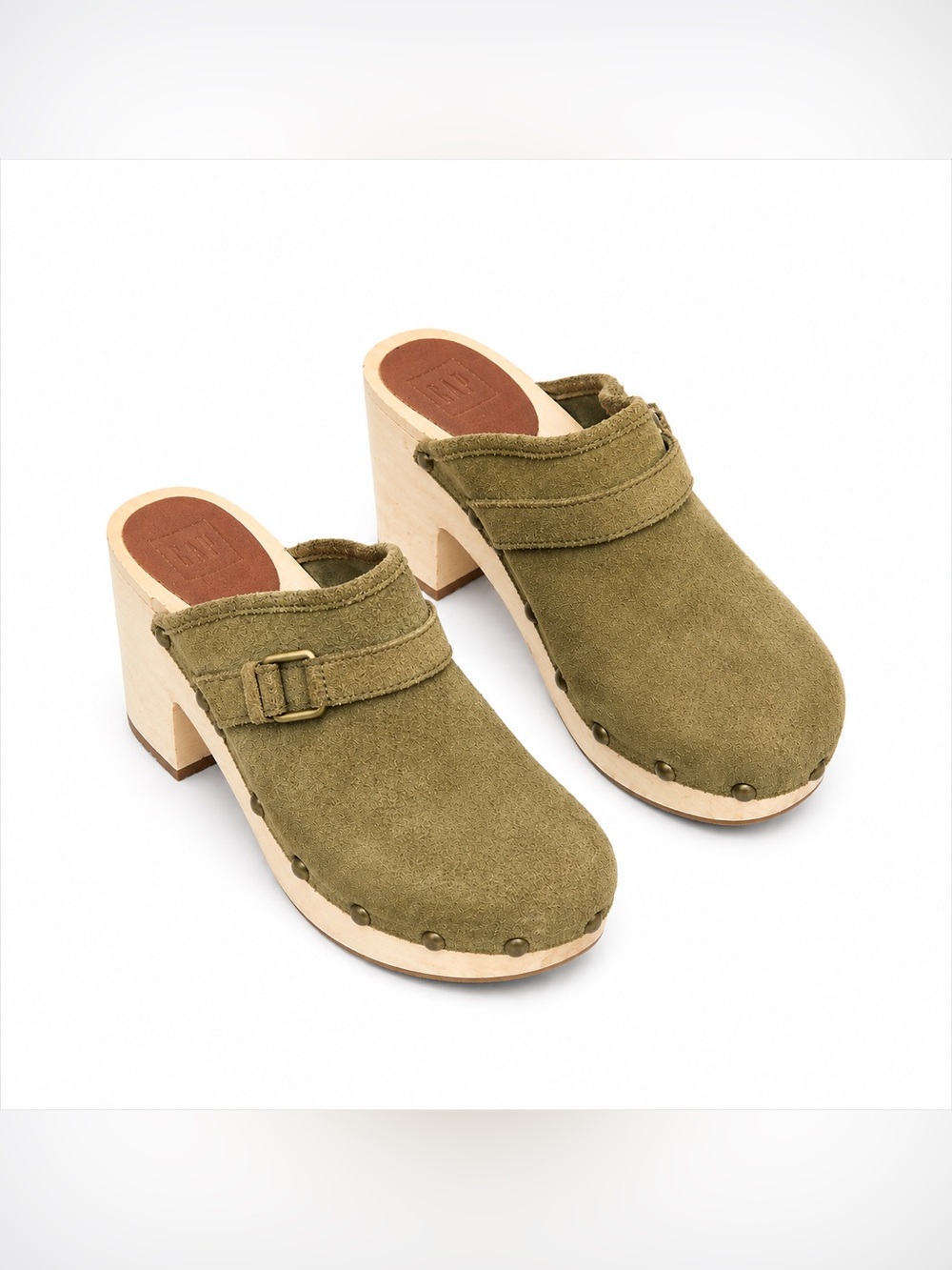 GAP Suede Clogs Temporal Olive Green Wood Block Heel Mules Size 9